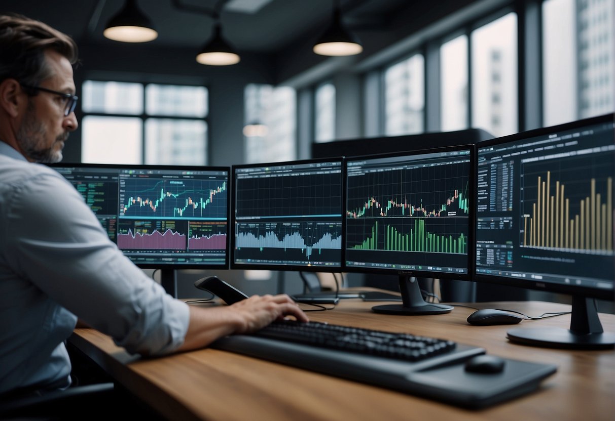 Investors analyzing charts, graphs, and financial data. Trend lines and indicators displayed on computer screens. Research reports and market news spread out on a desk