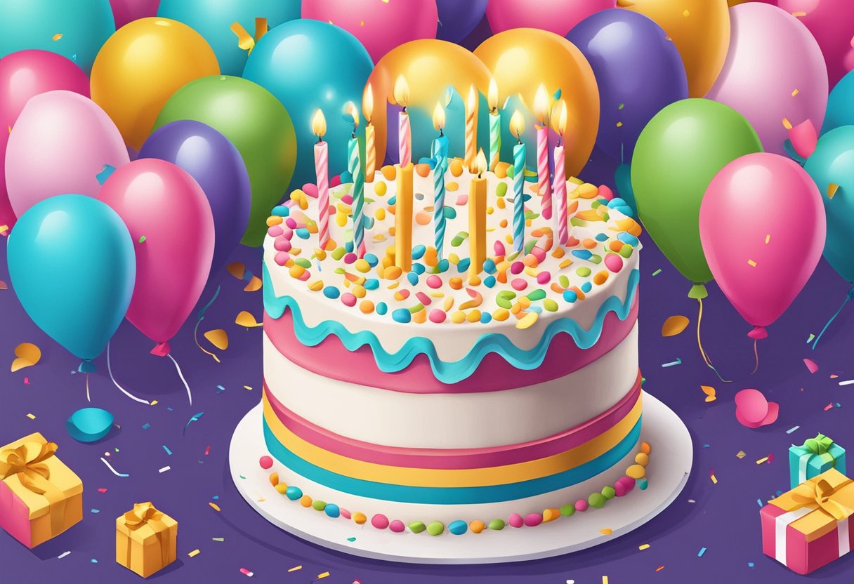 A colorful birthday cake with 20 candles lit, surrounded by balloons and confetti, with a banner that reads "Inspiration And Achievements 20th birthday quotes for daughter"