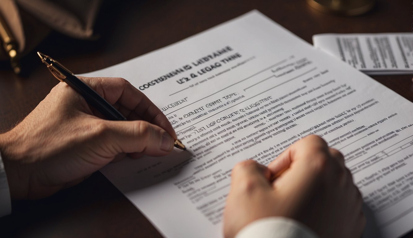 A hand holding a pen, signing a consent form with a title "Understanding Consent and Legalities" at the top