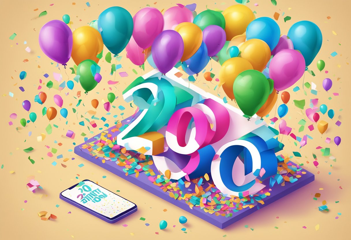 Colorful confetti and balloons surround a "Happy 20th Birthday" banner. A digital device displays heartfelt quotes for a daughter