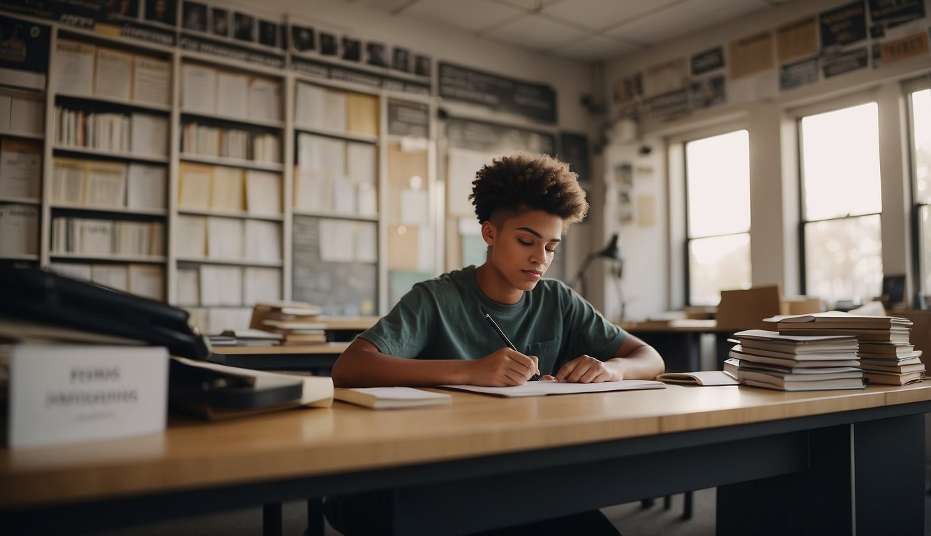 A high school student sits at a desk, filling out a career planning questionnaire. The room is bright and organized, with shelves of books and motivational posters on the walls