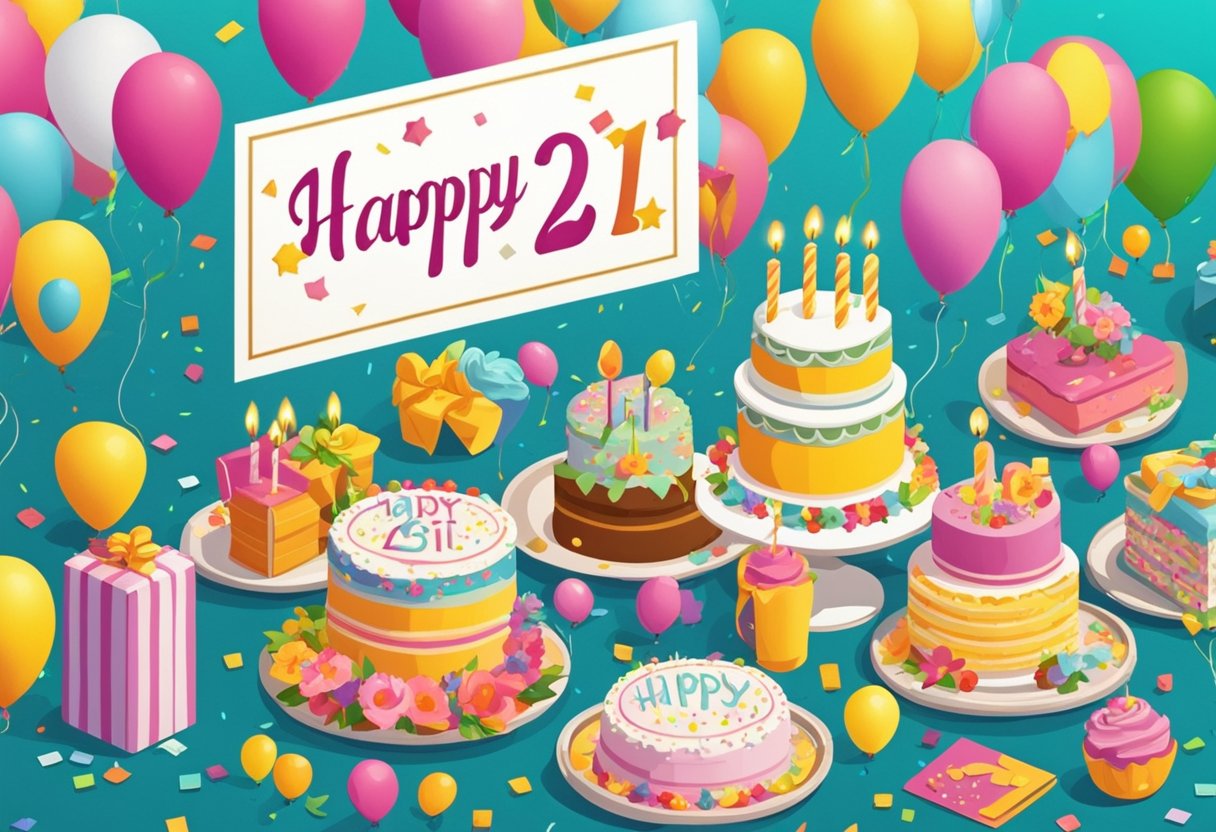 A festive table with a birthday cake and 21 candles. A card with "Happy 21st Birthday" and a bouquet of flowers. Balloons and confetti scattered around