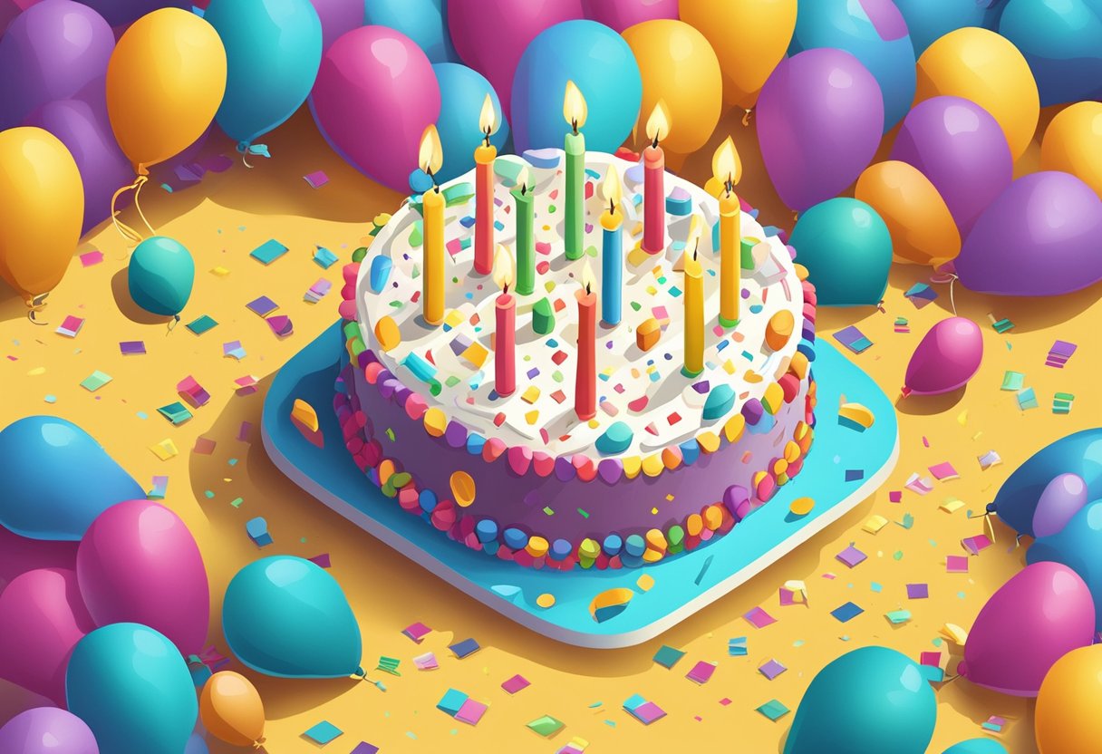 A colorful birthday cake with 21 candles, surrounded by balloons and confetti. A card with a heartfelt quote sits next to the cake
