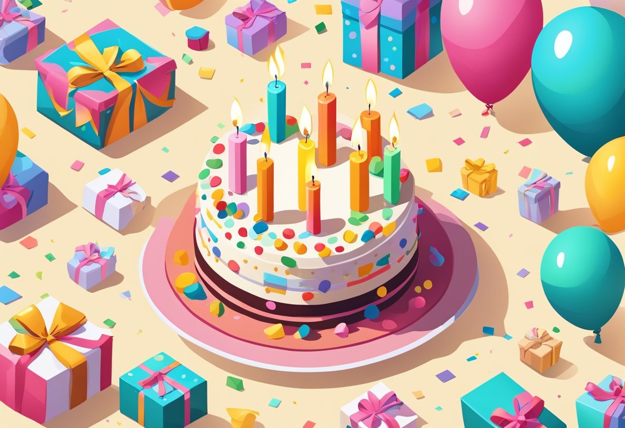 A birthday cake with 21 candles, a table decorated with balloons and confetti, a card with a heartfelt message, and a gift wrapped with a ribbon
