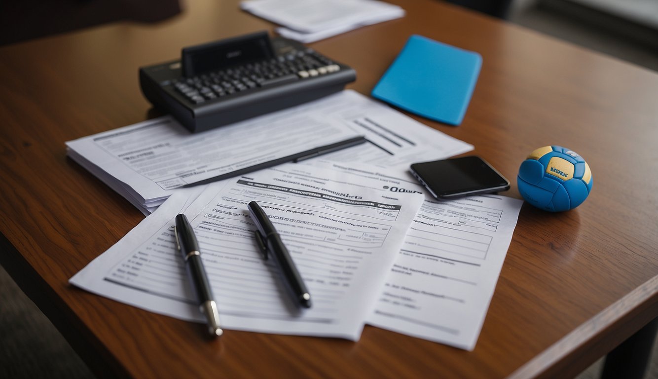 A table with a stack of volleyball registration forms, pens, and a sign-up sheet