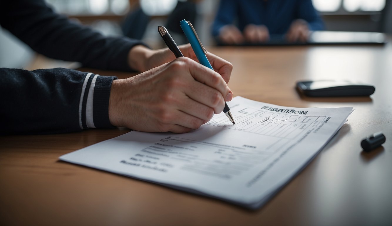 A hand holding a volleyball registration form and a pen ready to fill out the necessary details