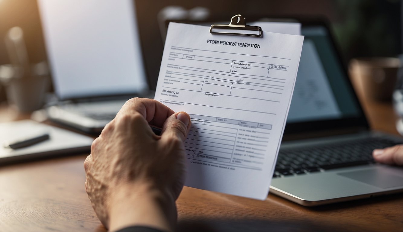 A hand reaches for a pen on a desk, next to a blank pick-up authorization form template. The form has fields for recipient and sender information