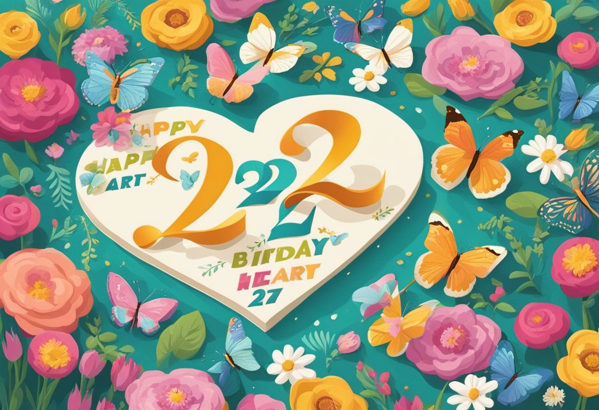 A colorful birthday card with "Messages from the Heart 22nd birthday quotes for daughter" written in elegant script, surrounded by vibrant flowers and butterflies