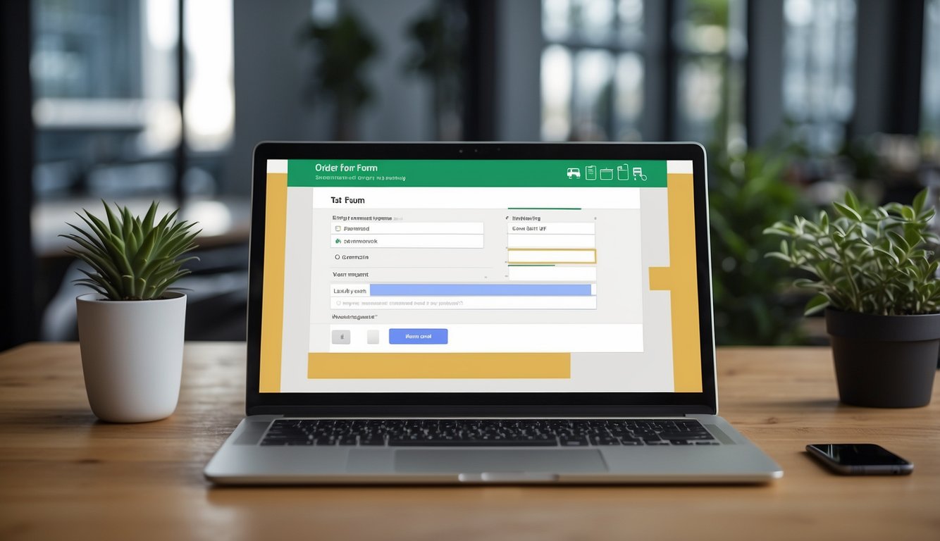 A computer screen displaying a Google Forms order form with fields for customer information and product selection