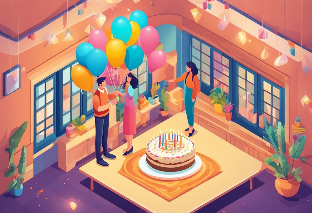 A parent holds a birthday cake with 22 candles, smiling at their daughter with love and pride. Balloons and decorations fill the room