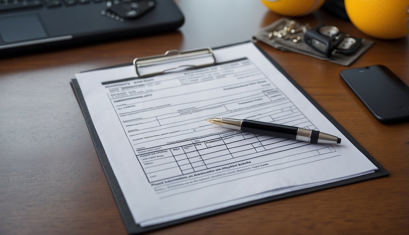 A filled out sports photo order form lies on a table with a pen next to it