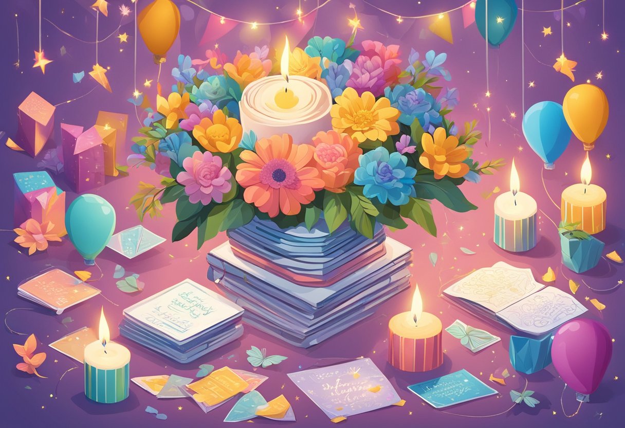 A colorful bouquet of flowers and a stack of uplifting birthday cards with heartfelt messages, surrounded by twinkling fairy lights and a warm, glowing candle