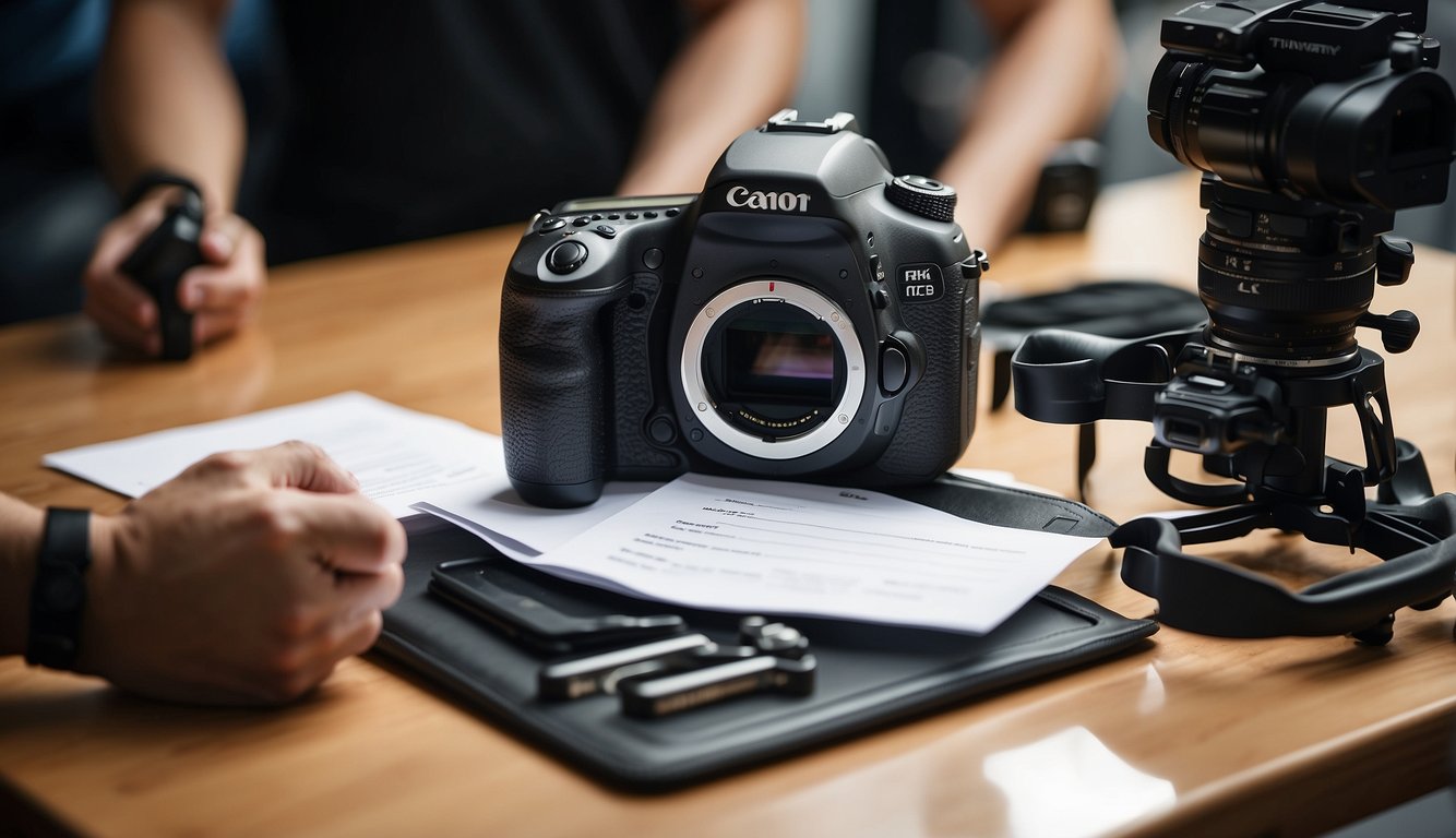 A photographer setting up a sports equipment display with a blank order form template on a table