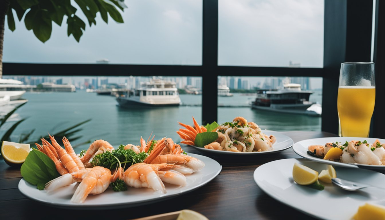 A table set with fresh seafood in Batam, Singapore, with a view of the bustling harbor in the background