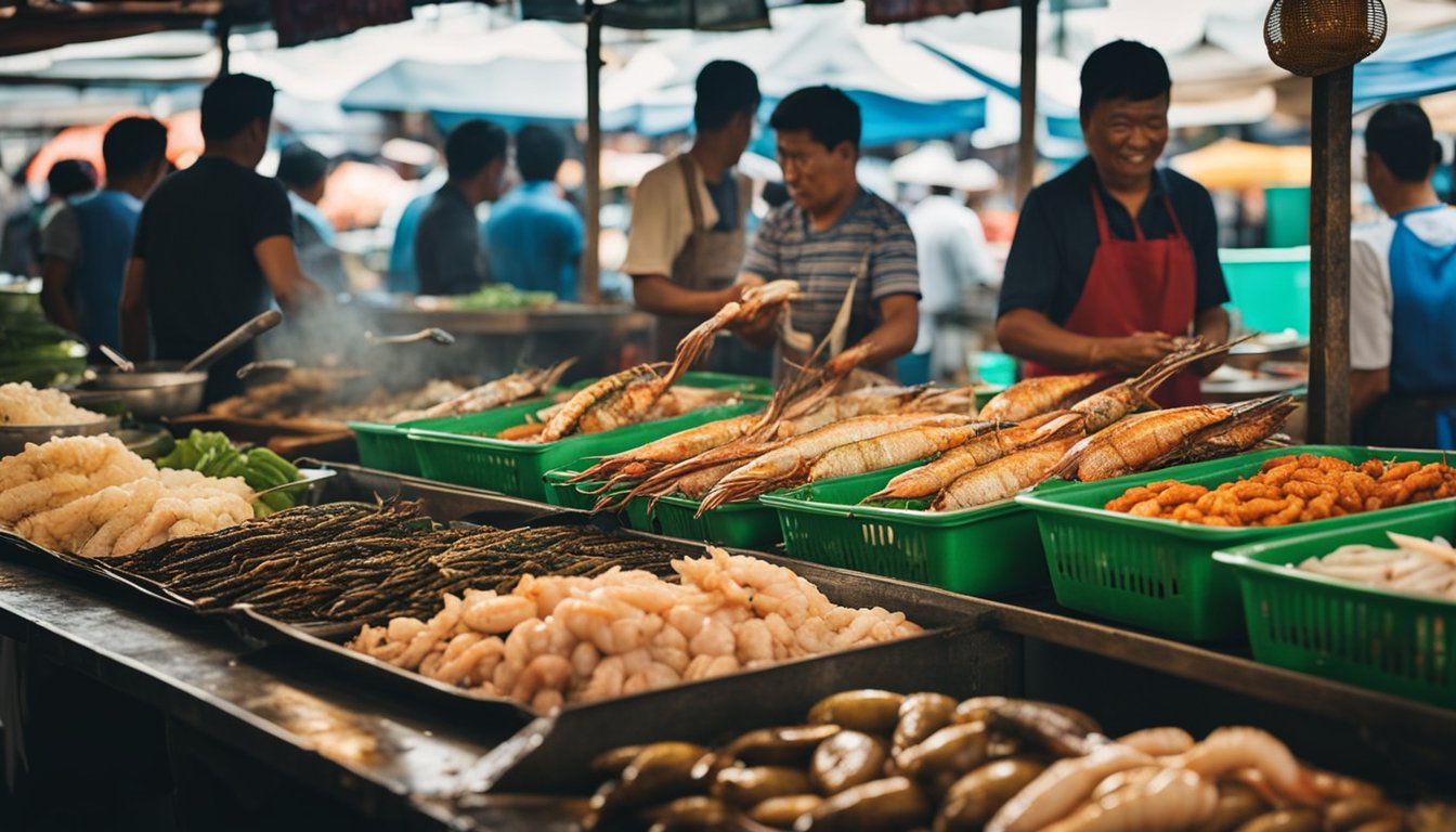 A bustling seafood market in Batam, with colorful stalls and fresh catches on display. Customers sample grilled fish and prawns while vendors call out their daily specials