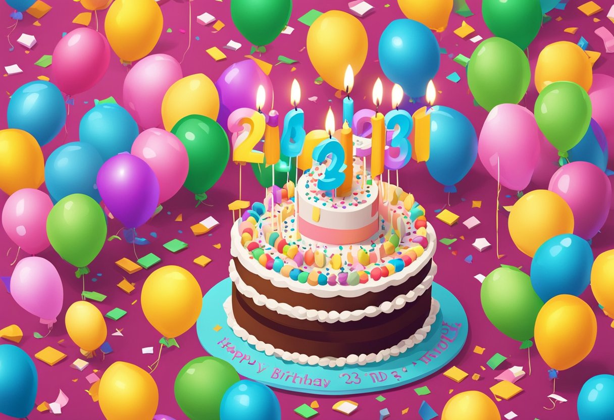 A colorful birthday cake with 23 candles, surrounded by balloons and confetti, with a card reading "Happy 23rd Birthday" on a decorated table