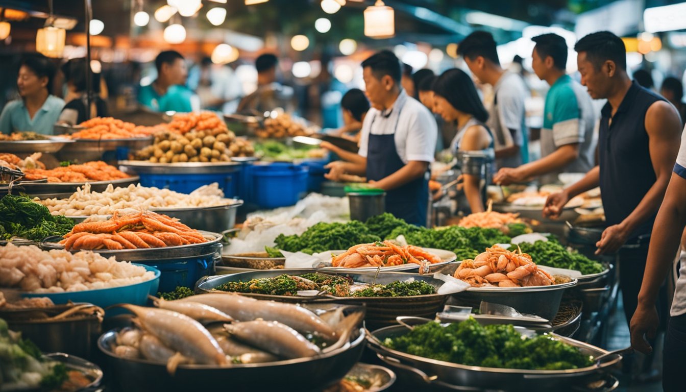 Visitors enjoy seafood at a bustling market in Batam, Singapore. Tables are filled with fresh catches and vendors call out to passersby
