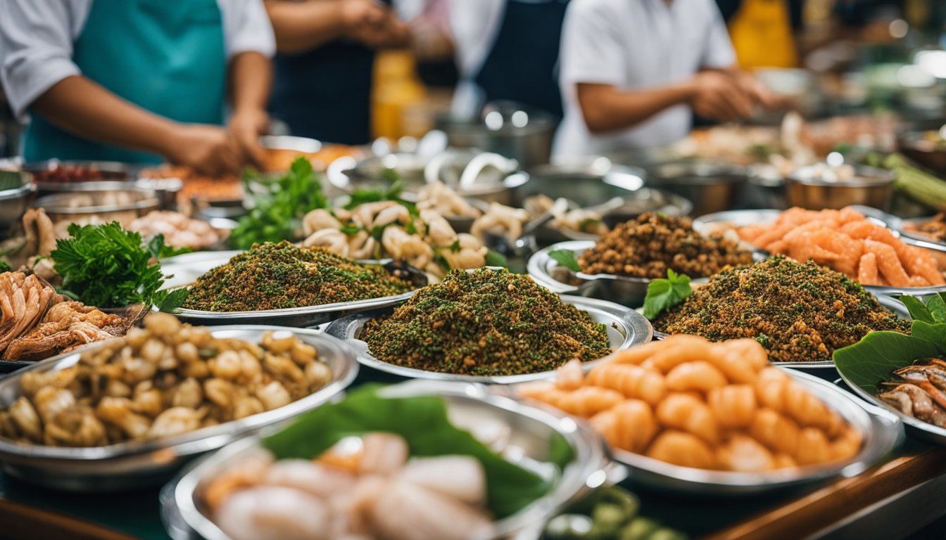 A table set with a variety of fresh seafood, surrounded by vibrant spices and herbs, with the backdrop of a bustling seafood market in Batam, Singapore