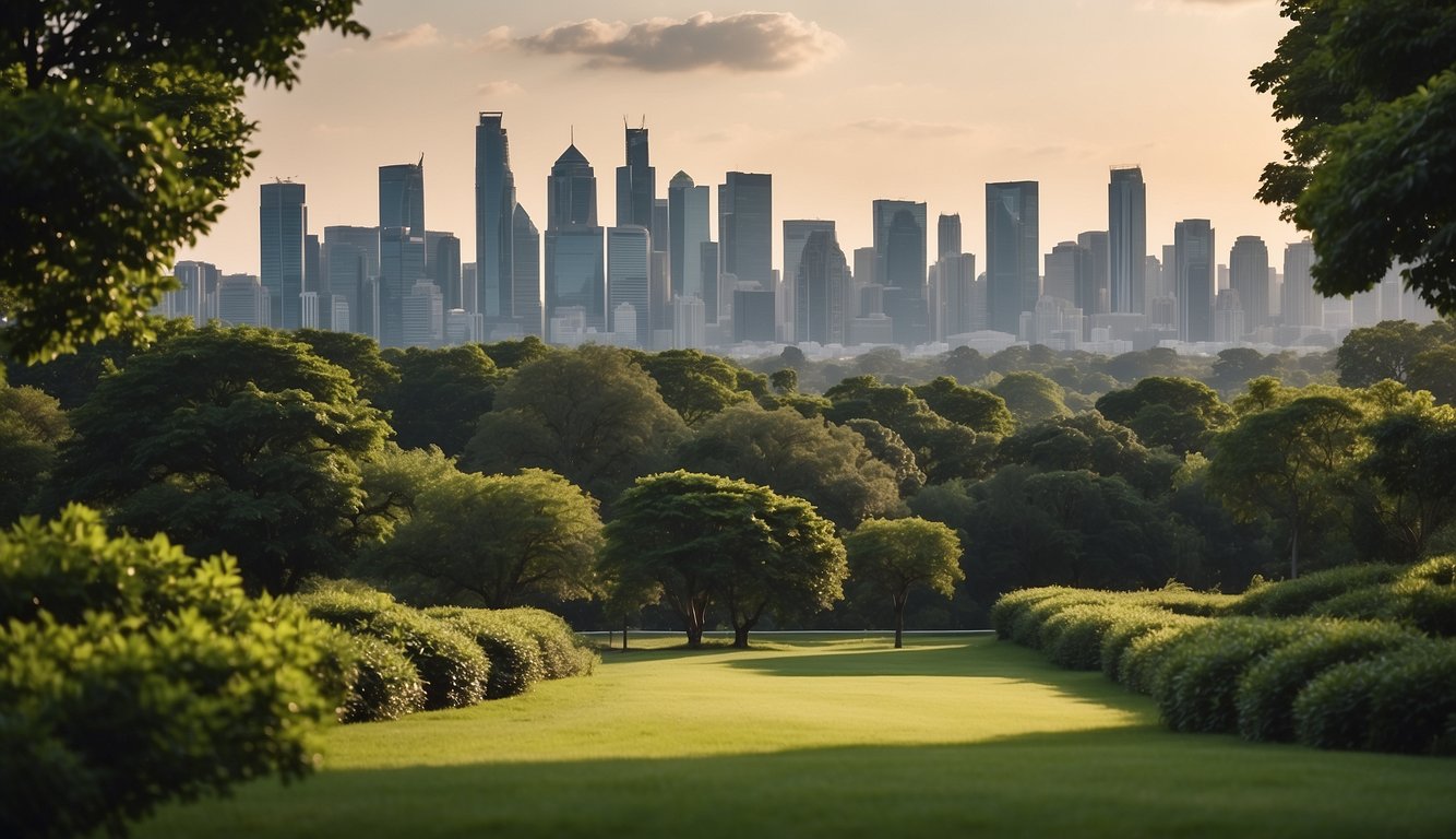 A serene landscape with a lush green park and a modern city skyline in the background, with a prominent sign displaying "endowment plan sg."