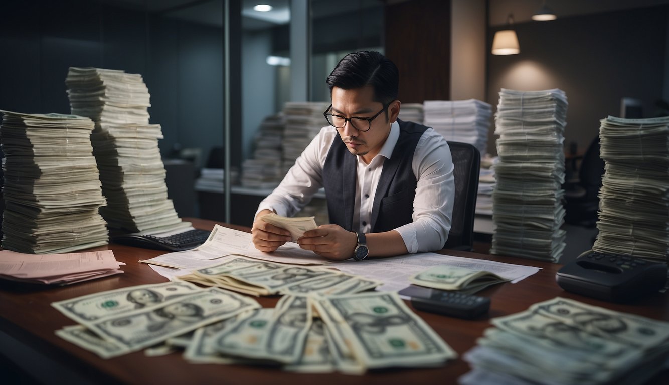 A Singaporean money lender sits behind a desk, counting stacks of money and reviewing loan documents. The room is filled with financial charts and legal papers, creating a professional and business-like atmosphere