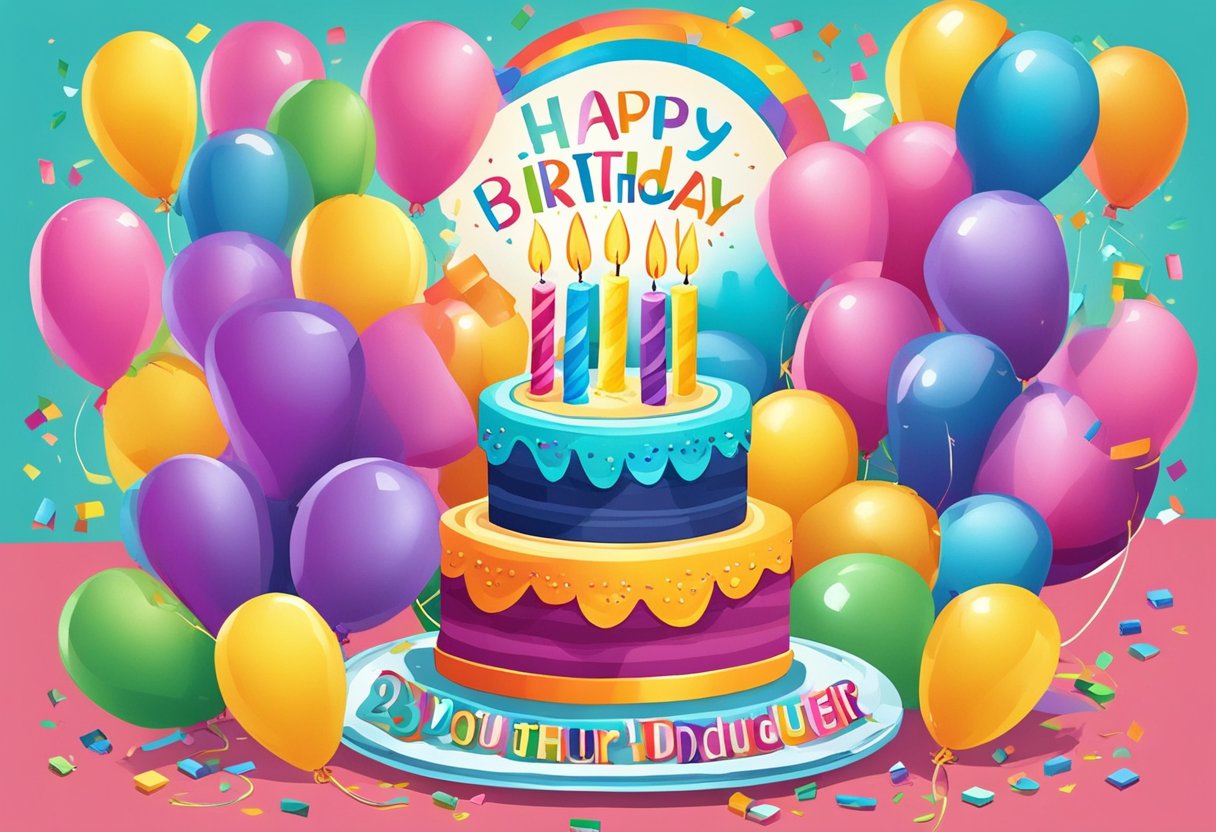 A colorful birthday cake with 24 candles, surrounded by balloons and confetti, with a card reading "Happy 24th Birthday to our wonderful daughter."