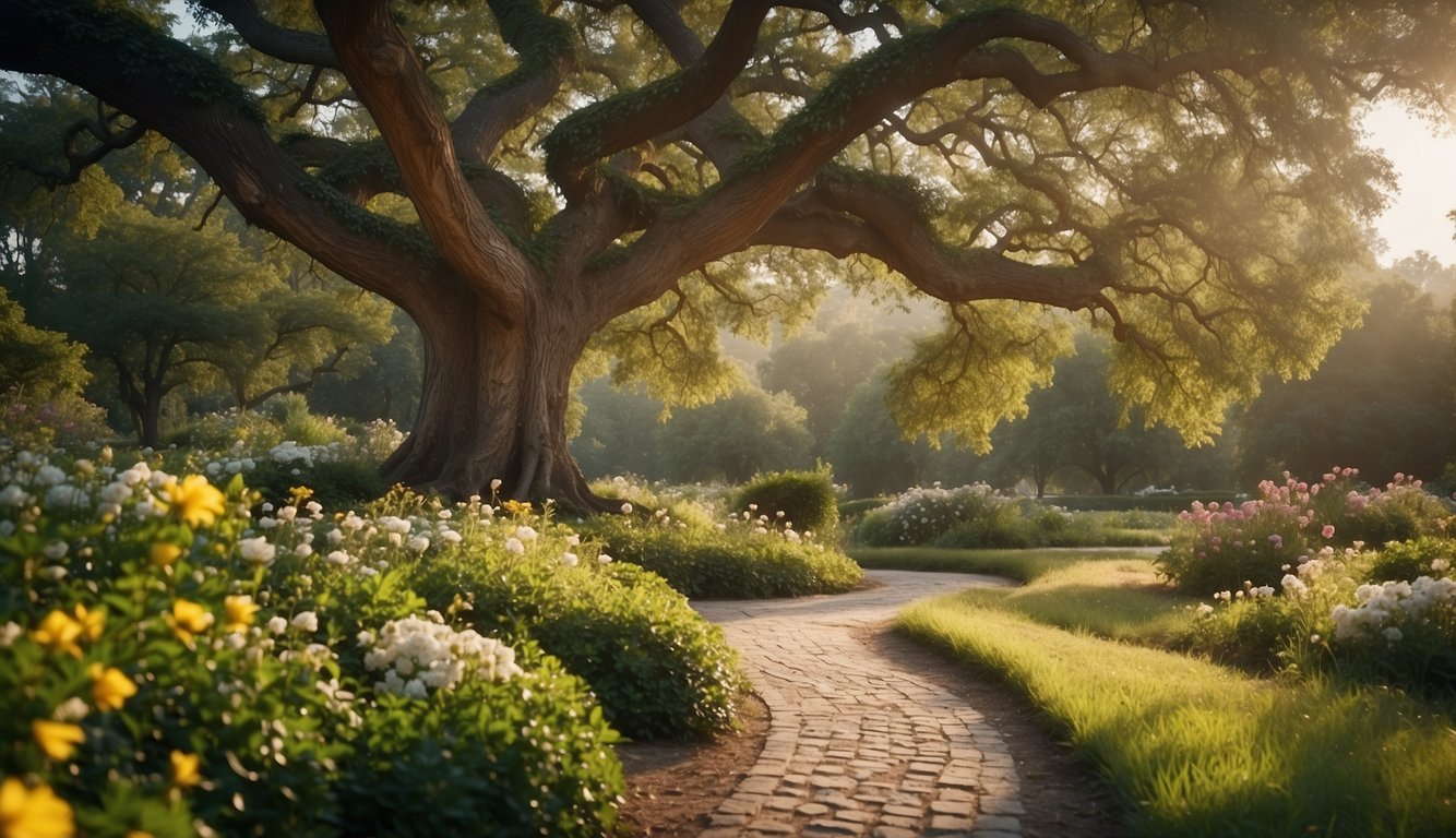 A serene garden with a winding path leading to a majestic oak tree, symbolizing growth and stability, surrounded by blooming flowers and lush greenery