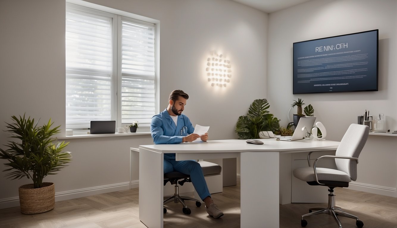 A client sits at a desk, filling out a consultation form for laser hair removal. The room is bright and modern, with a poster of the procedure on the wall