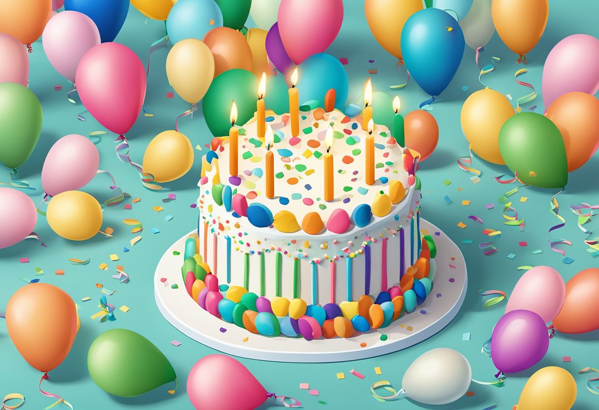 A birthday cake with 24 candles, surrounded by colorful balloons and confetti. A handwritten note with a heartfelt birthday quote for a daughter