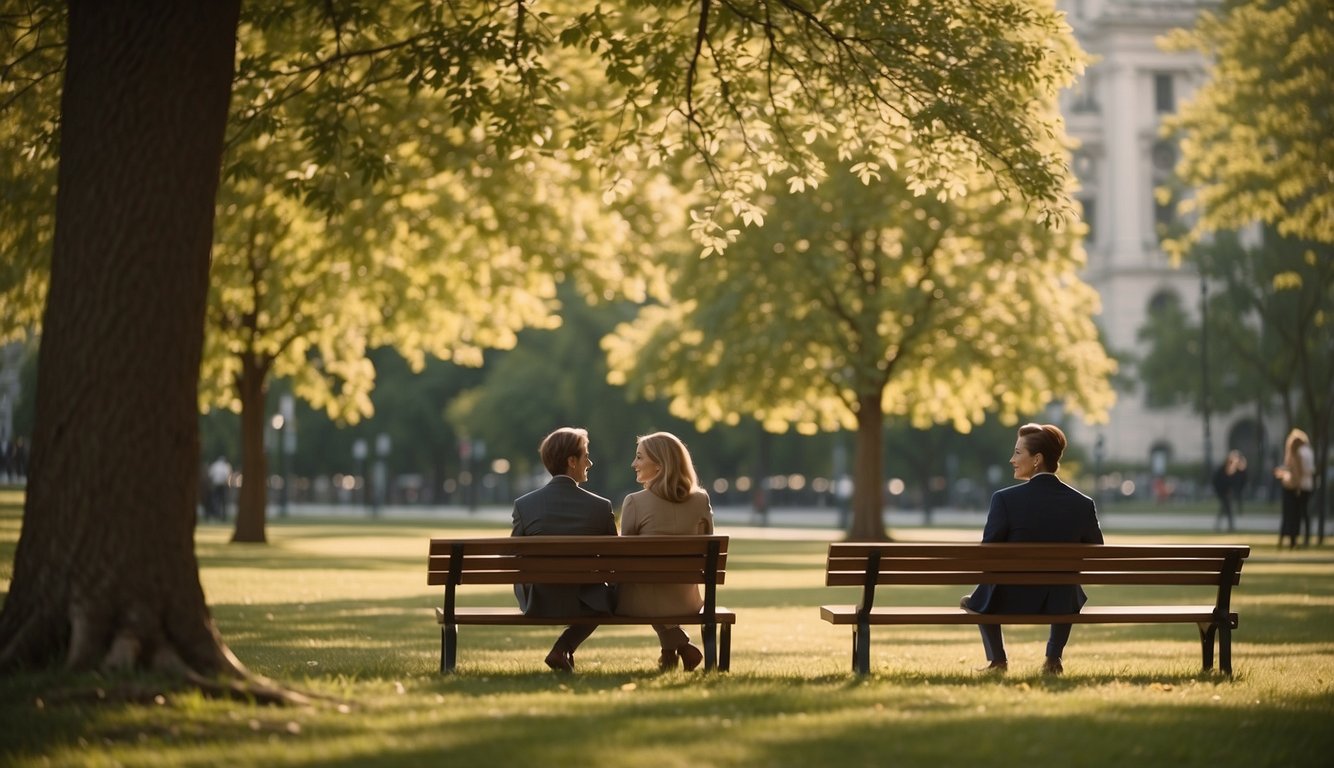 A serene park with a couple sitting on a bench, discussing the benefits of endowment plans. A financial advisor stands nearby, explaining the workings of different plans. Trees and flowers add a peaceful atmosphere