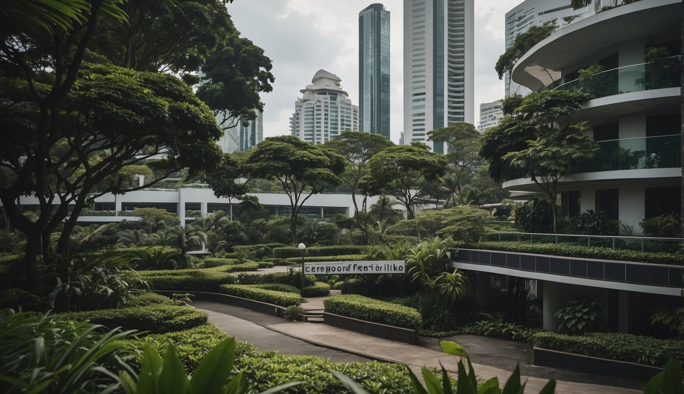 A serene Singaporean landscape with a prominent endowment plan sign, surrounded by a mix of modern buildings and lush greenery
