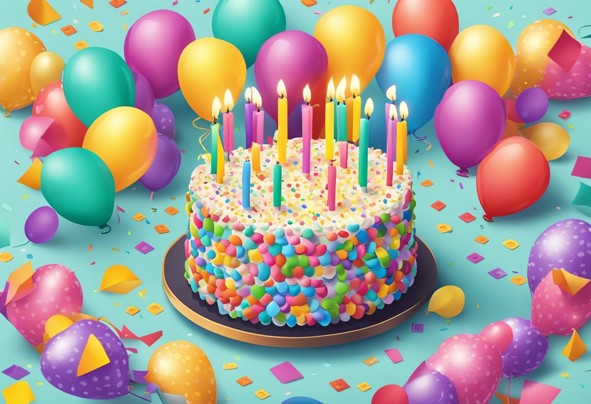 A colorful birthday cake with 24 candles, surrounded by balloons and confetti. A card with a heartfelt message sits beside it