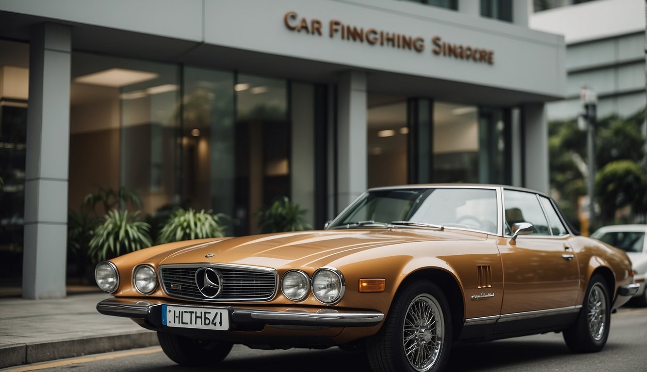 A car parked outside a bank with a sign "Car Financing Singapore: Everything You Need to Know" displayed prominently in the window