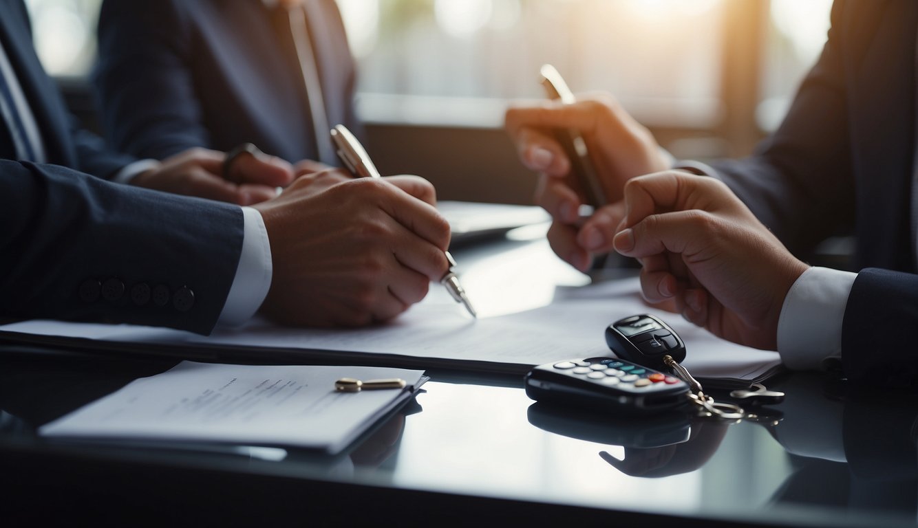 A person signing a car financing agreement at a desk with a representative explaining terms and conditions. Car keys and paperwork on the table