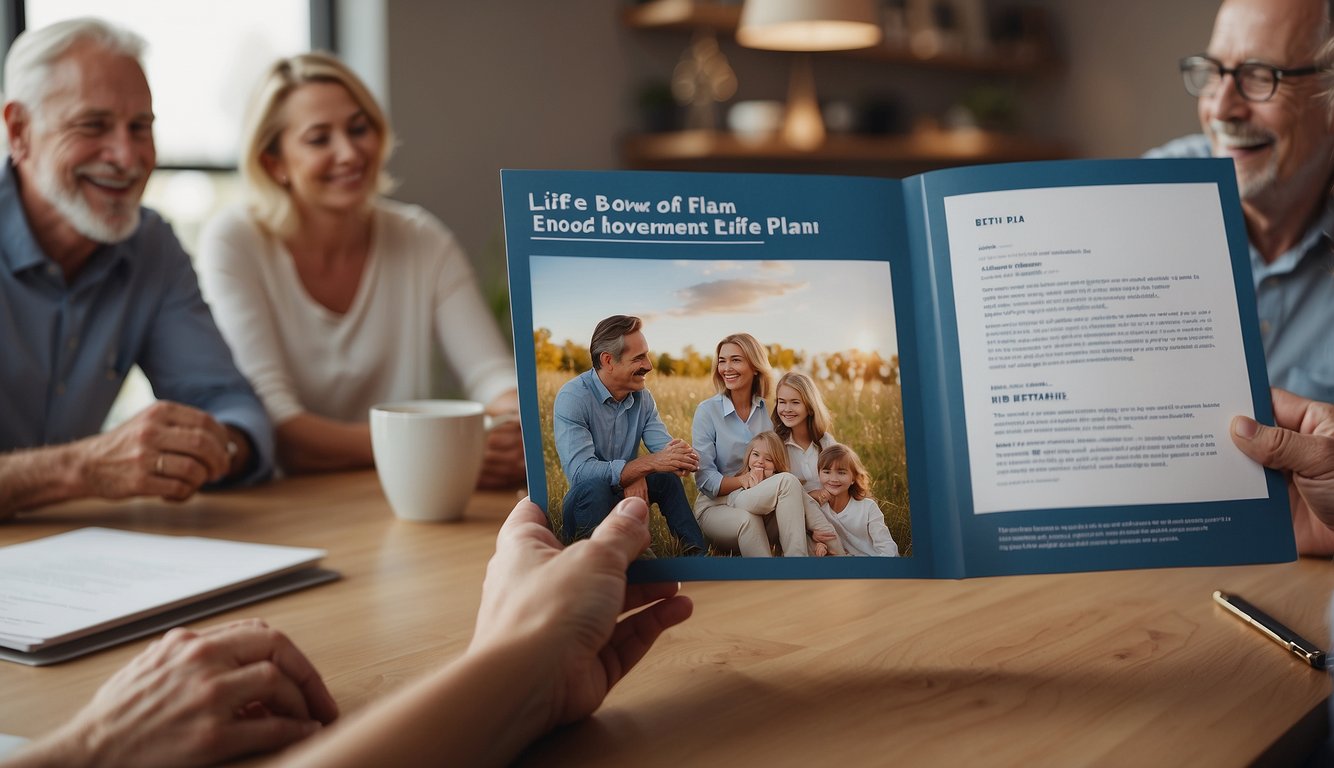 A family receiving a life events endowment plan brochure, discussing its benefits and options