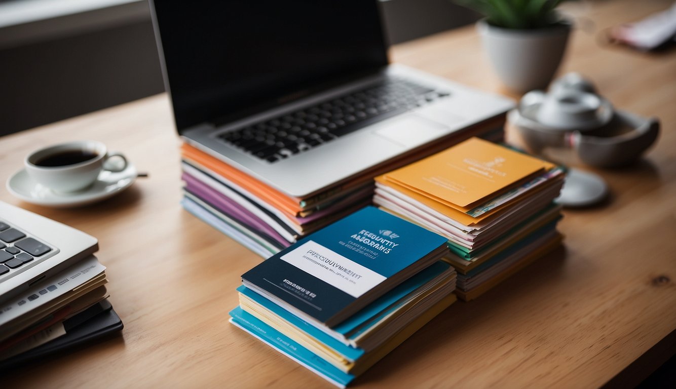 A stack of colorful brochures on a desk, with a laptop open to a webpage titled "Frequently Asked Questions endowment plan sg."