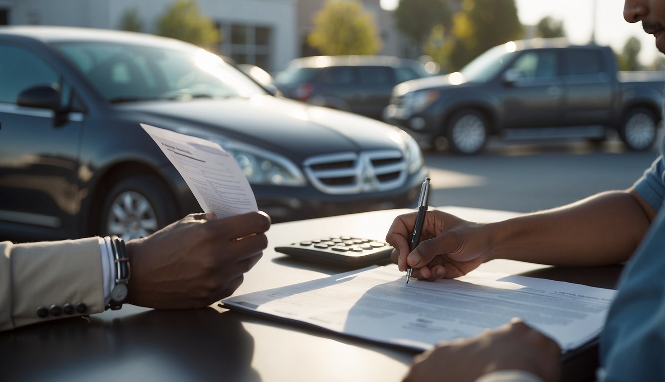 A person fills out a car loan application at a bank. The loan officer reviews the application and discusses terms with the applicant