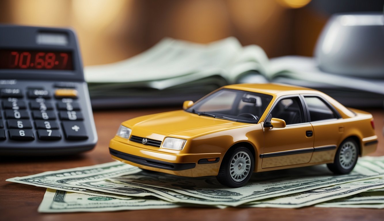 A car surrounded by dollar signs, with a calculator and paperwork nearby. A sign displaying "Additional Costs and Fees" prominently featured