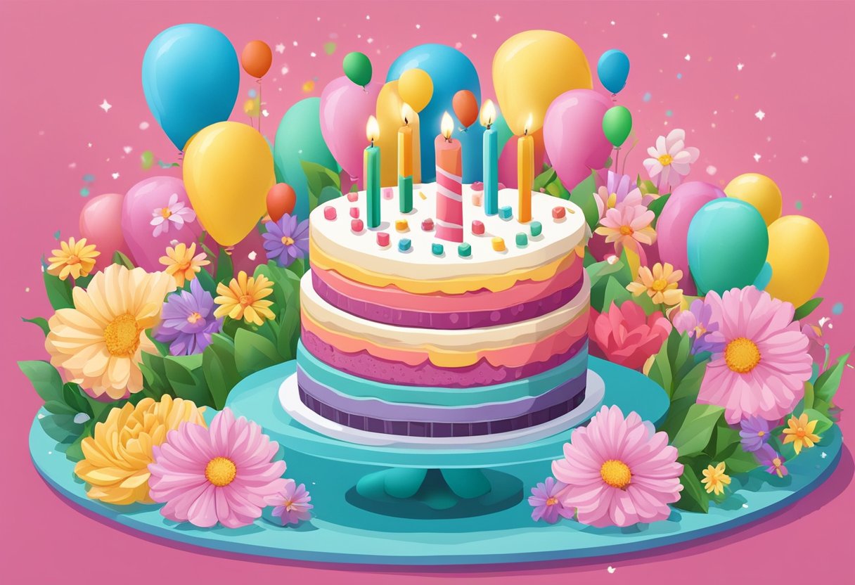 A colorful birthday cake with 25 candles, surrounded by flowers and balloons, with a card featuring a heartfelt birthday message for a daughter