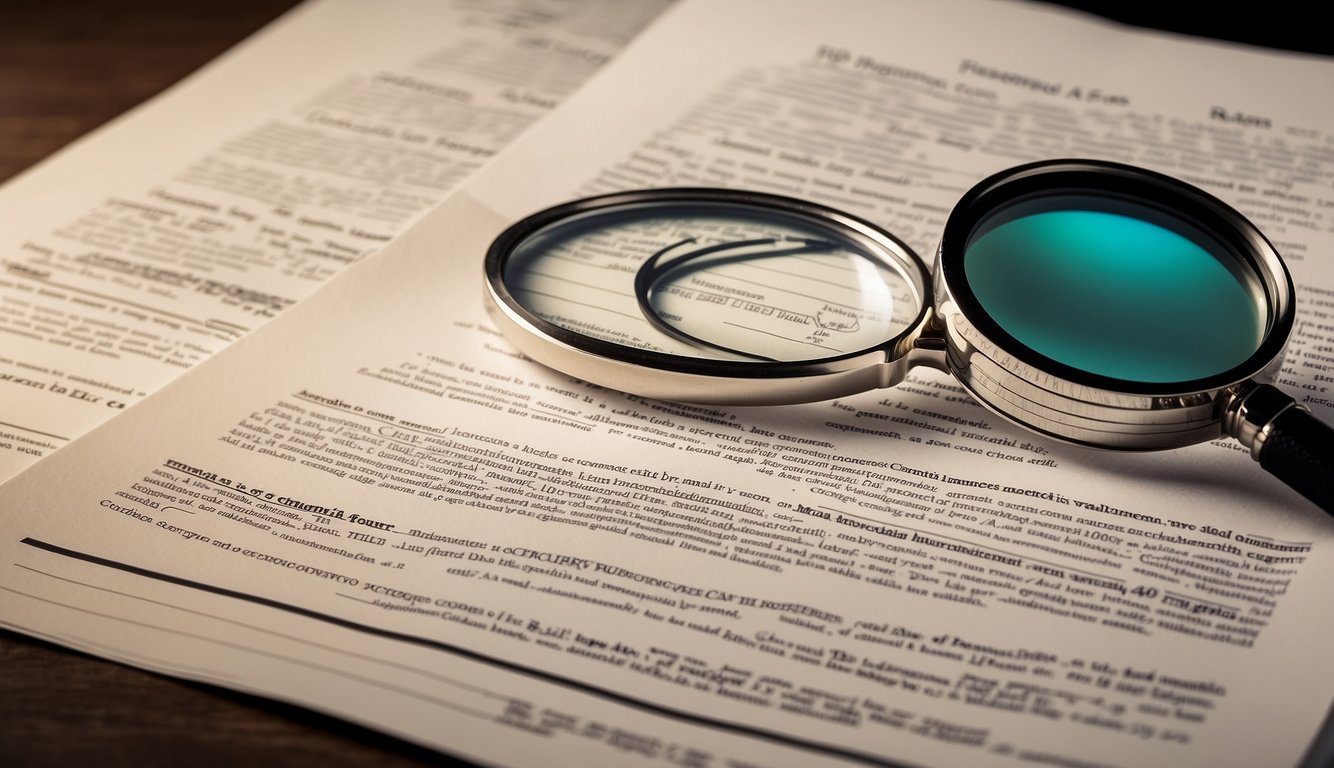 A stack of FAQ documents on an endowment plan with a magnifying glass highlighting key points