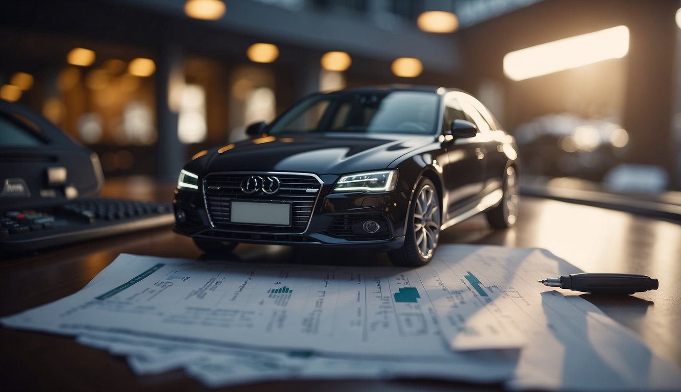 A car being financed with a chart showing decreasing monthly payments over time