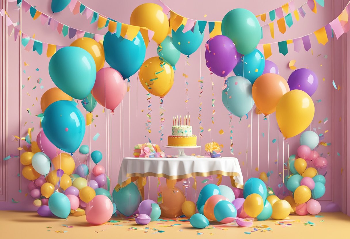 Colorful balloons and streamers decorate a festive room with a "25th birthday quotes for daughter" banner hanging on the wall. Gifts and a birthday cake sit on a table, ready for celebration