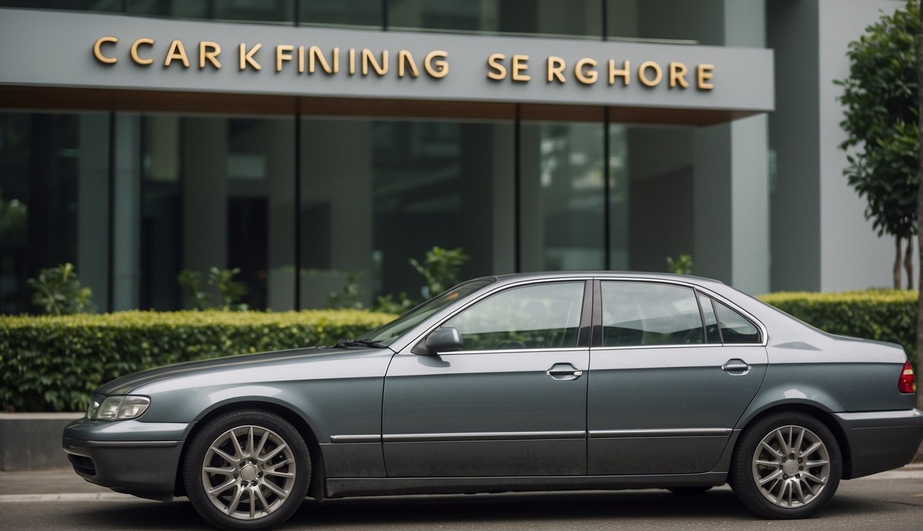 A shiny car parked in front of a bank, with a sign reading "car financing singapore: everything you need to know" displayed prominently in the window