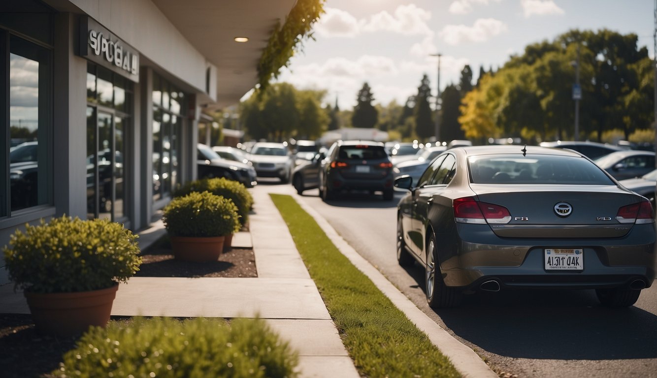 A car parked in front of a dealership with a "Special Considerations for Used Cars" sign displayed prominently