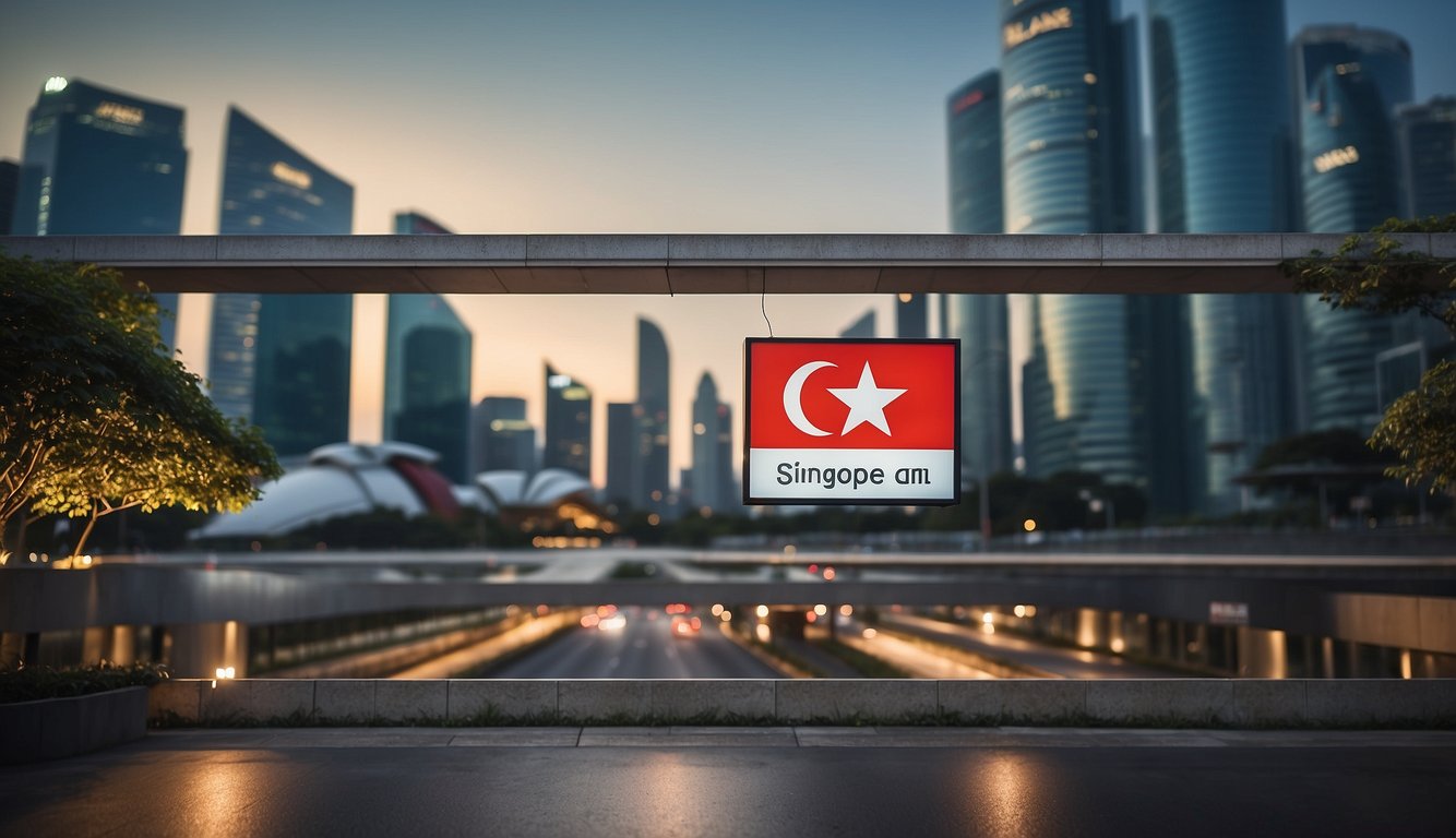 Various loan types (personal, business, mortgage) displayed on a signboard with the Singapore flag in the background