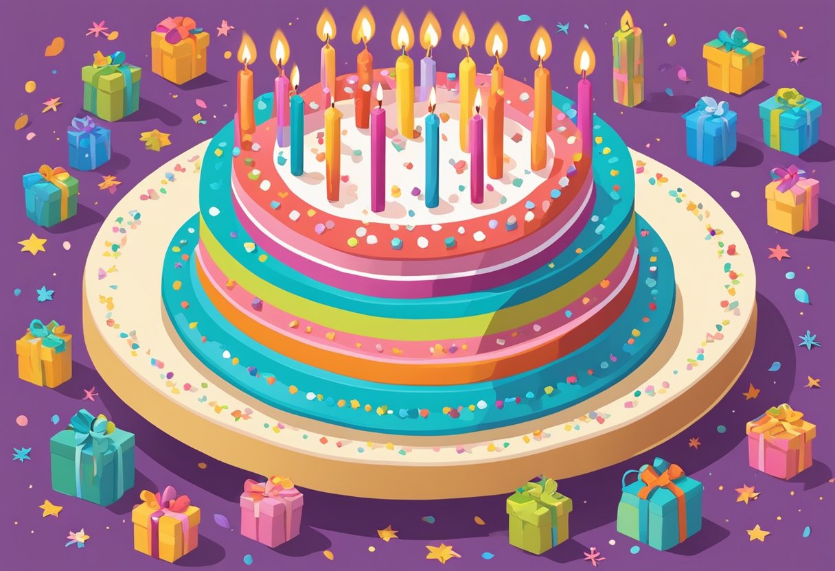 A colorful birthday cake with 25 candles, surrounded by festive decorations and a card with a heartfelt quote for a daughter's 25th birthday