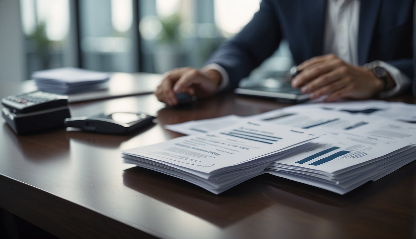 A customer sits at a desk in a bank, discussing car loan options with a banker. Brochures and paperwork are scattered on the table