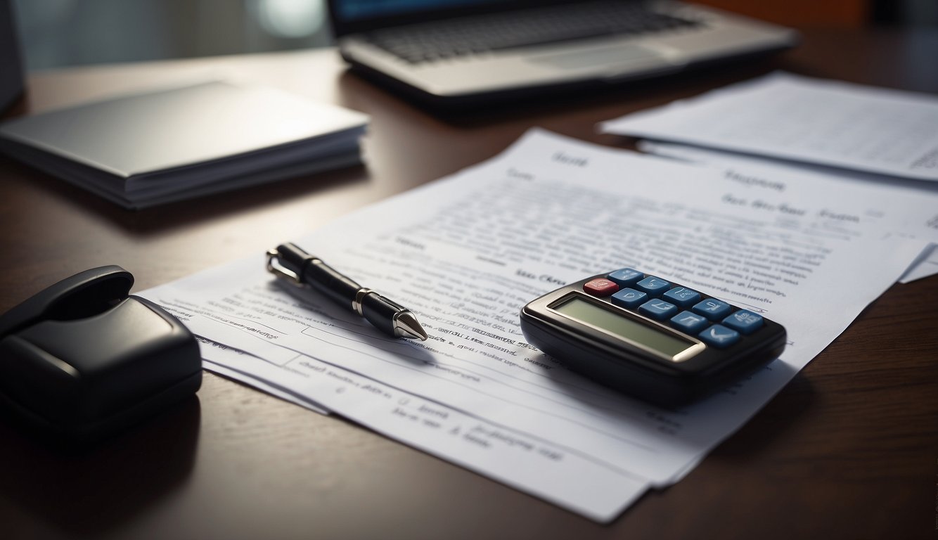 A person sitting at a desk, surrounded by paperwork and a calculator. A car key and a contract are laid out in front of them