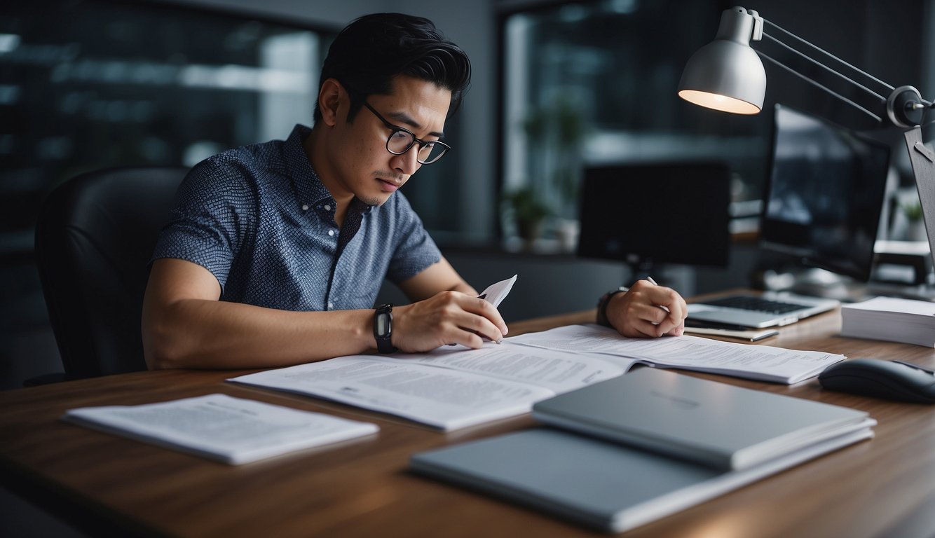 A person sitting at a desk, surrounded by documents and a computer, researching and reading about car financing in Singapore