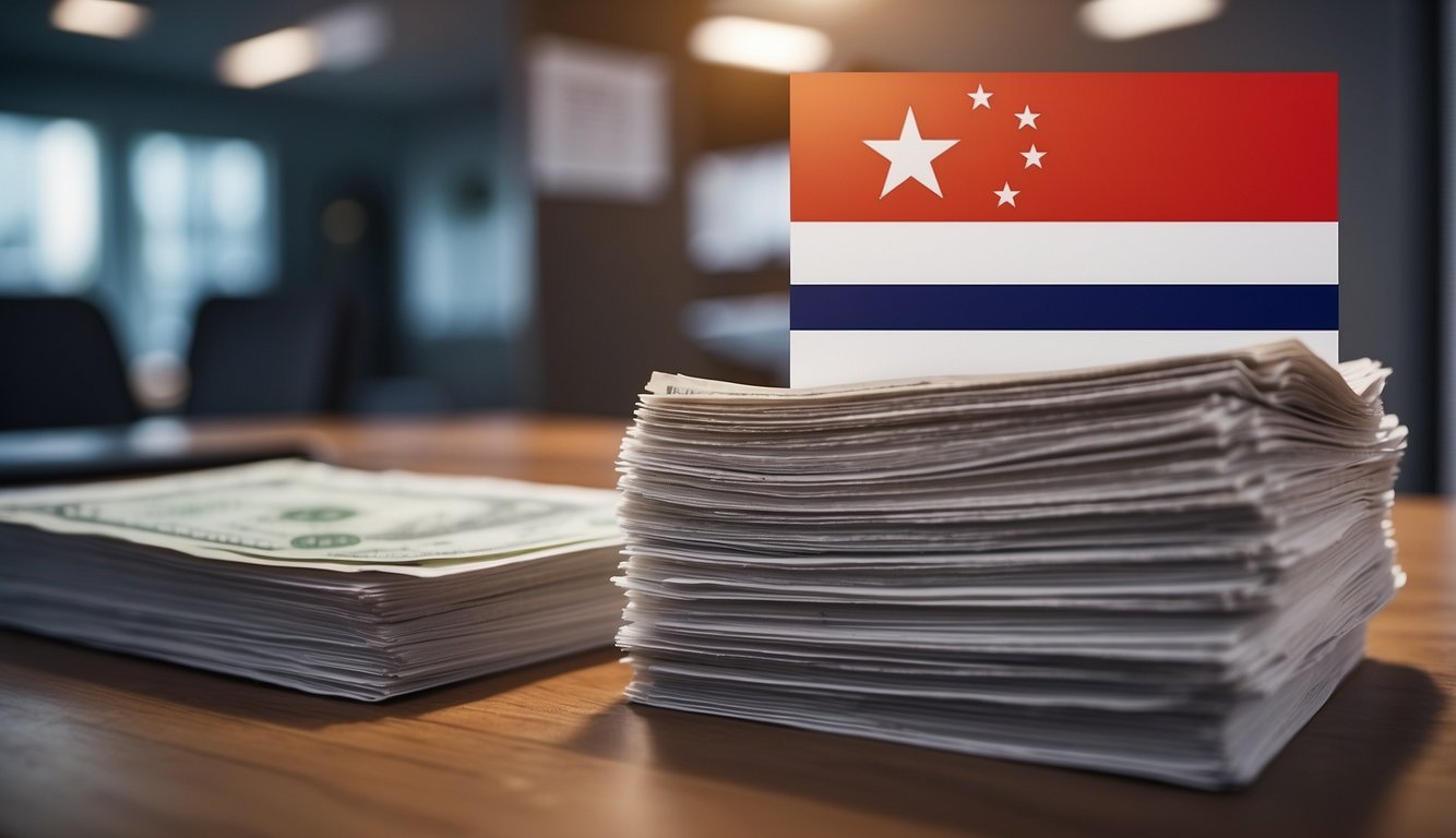 A stack of legal documents on a desk, with a Singapore flag in the background. A money lending license prominently displayed