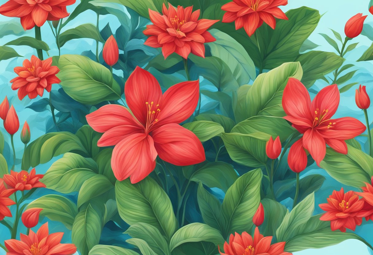 Lush green plants with vibrant red flowers, symbolizing love and passion, surrounded by calming blue water, representing tranquility and peace